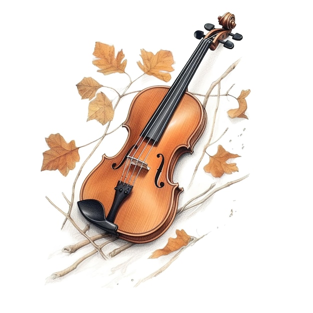 A drawing of a violin with a maple leaf on it.