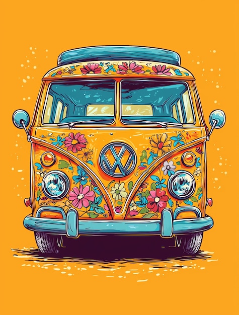 a drawing of a vw van with flowers on it