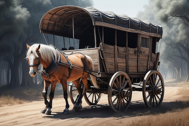 A drawing of a wagon with a horse drawn on it generative ai