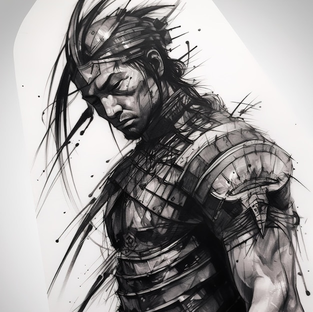 a drawing of a warrior with a black and white background.