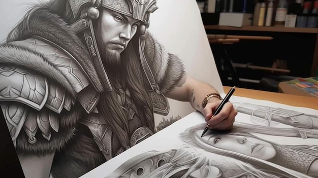 A drawing of a warrior with a pen is being shown.