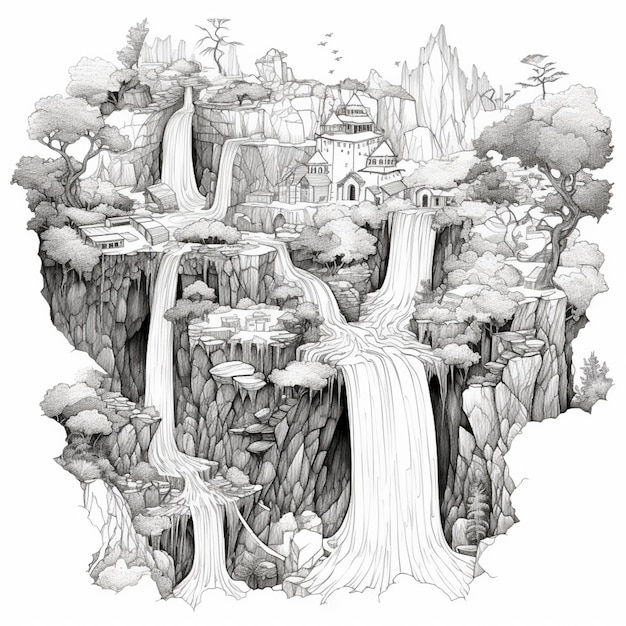 a drawing of a waterfall and a castle in the middle of a mountain generative ai