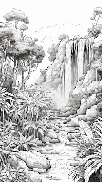 a drawing of a waterfall in a jungle with trees and rocks generative ai
