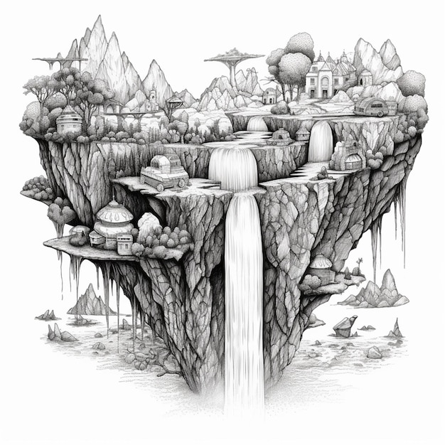 a drawing of a waterfall in a mountain with a waterfall coming out of it generative ai