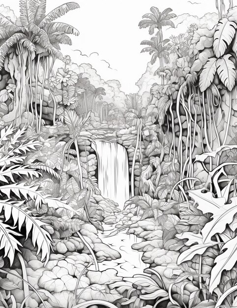 Photo a drawing of a waterfall in a tropical jungle with palm trees generative ai