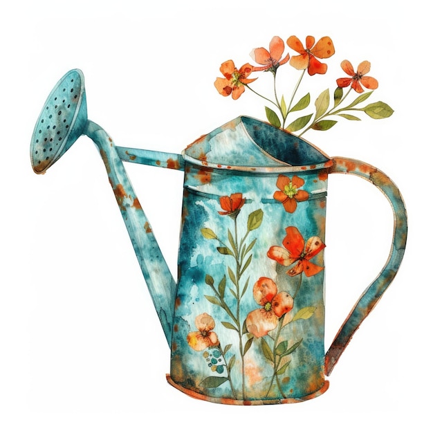 a drawing of a watering can with flowers in it