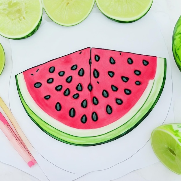 a drawing of a watermelon with a pencil and a pencil outline coloring book