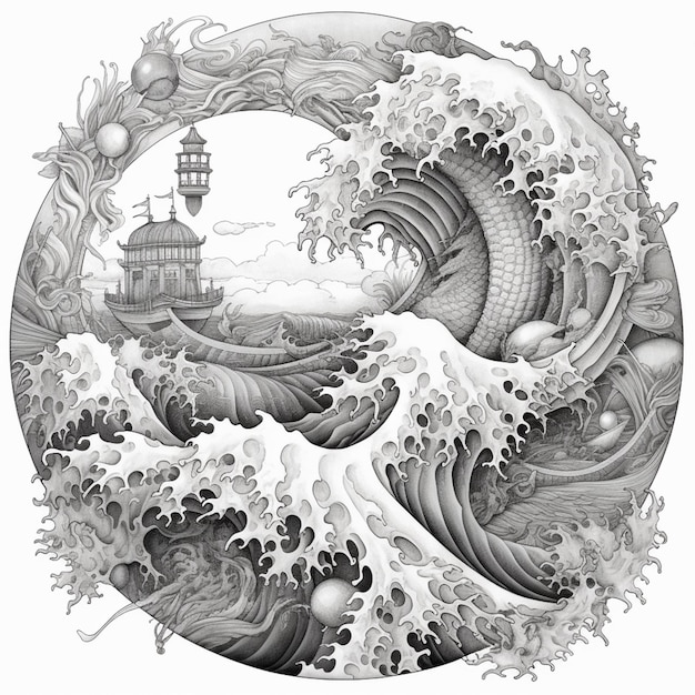 A drawing of a wave crashing over a lighthouse in a circle generative ai