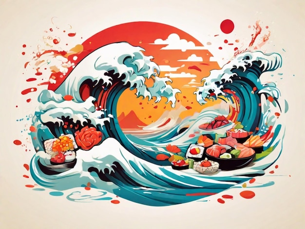 a drawing of a wave that has food on it