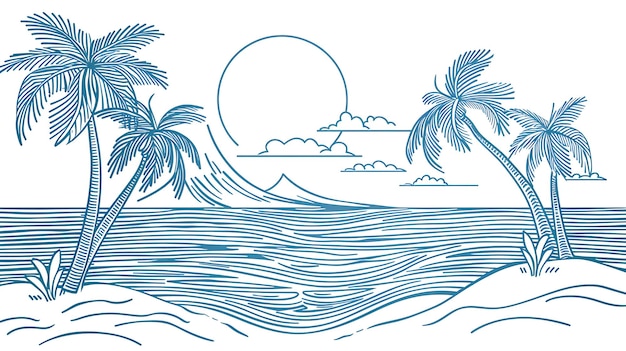 a drawing of a wave with palm trees in the background