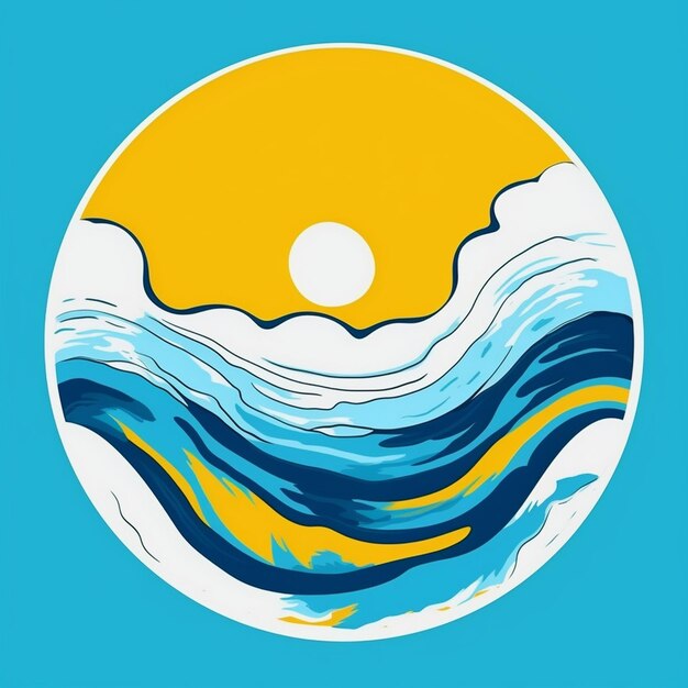 a drawing of a wave with the sun setting on the top.