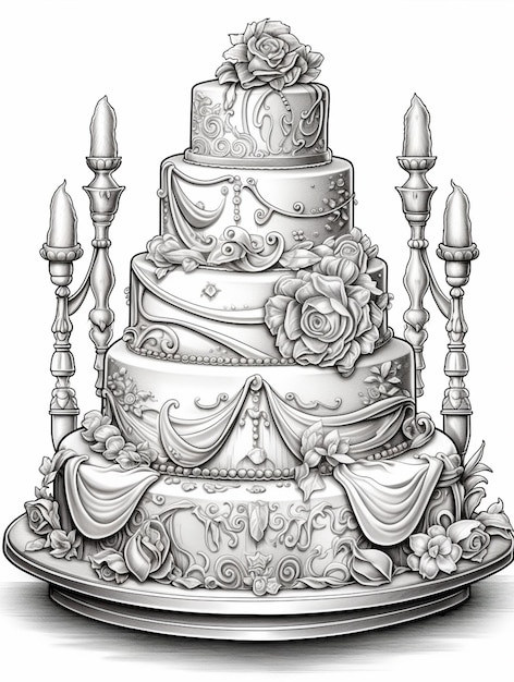 Photo a drawing of a wedding cake with candles and flowers generative ai