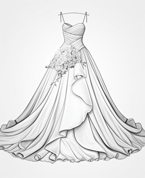 a drawing of a wedding dress with flowers on a hanger generative ai