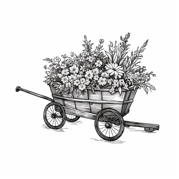 Premium AI Image | a drawing of a wheelbarrow with flowers in it ...