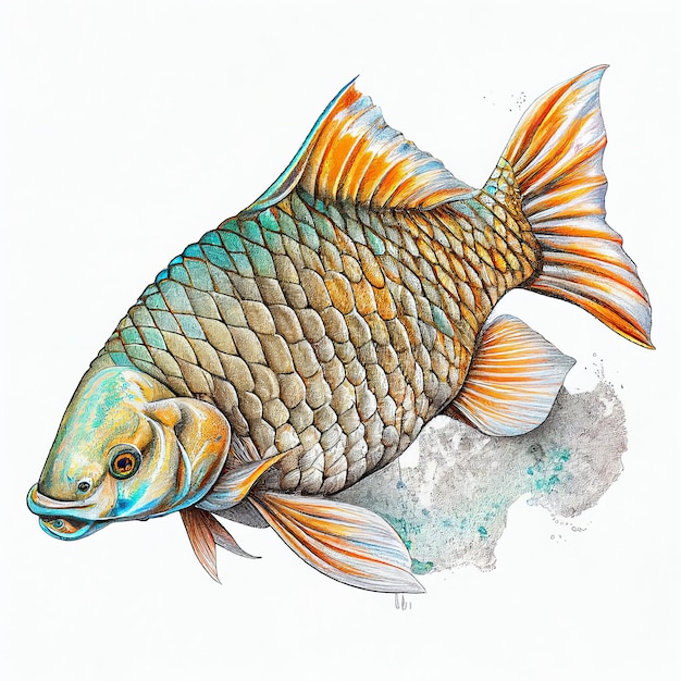 Drawing on a white background fish colored scales with a pencil Generative AI