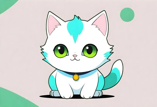 a drawing of a white cat with green eyes and a blue collar