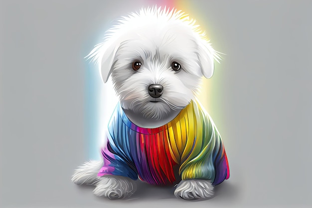 Photo a drawing of a white dog wearing a rainbow shirt.