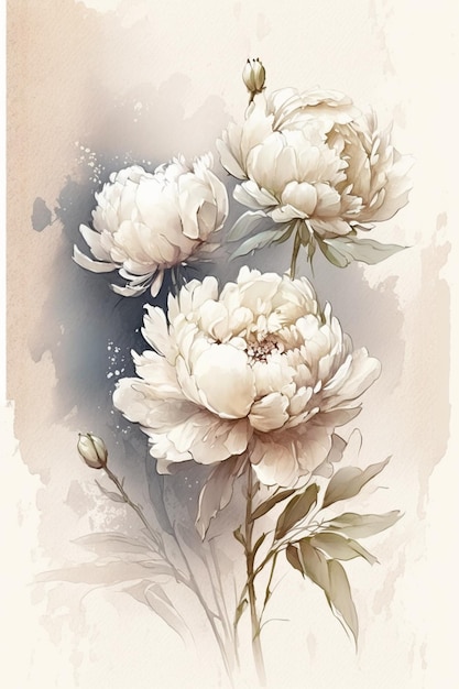 A drawing of white peonies with leaves on a brown background.