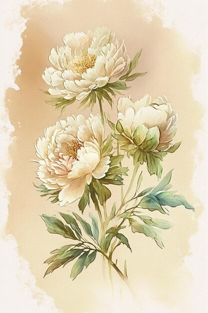 A drawing of a white peony with green leaves.