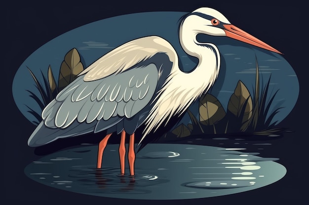 A drawing of a white stork in a pond with the words egret in the middle.