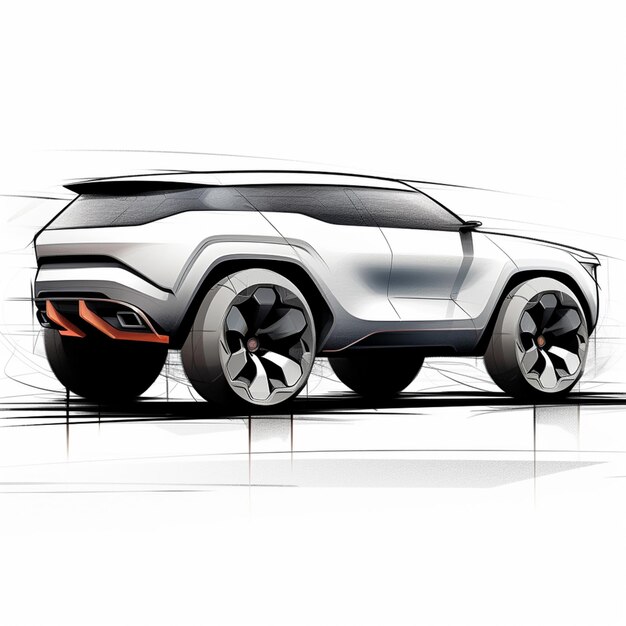 側面に赤い縞模様の白い SUV の図面生成 AI