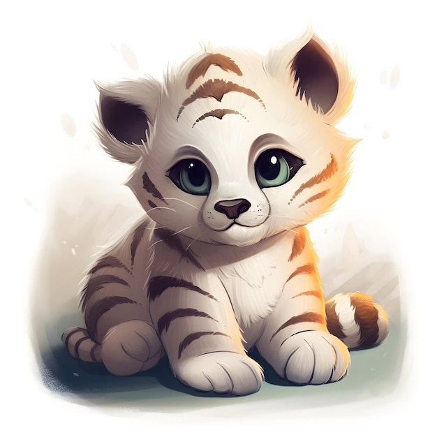 A drawing of a white tiger with green eyes sits on the ground.