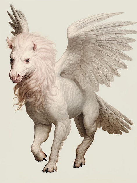 A drawing of a white unicorn with wings and wings.