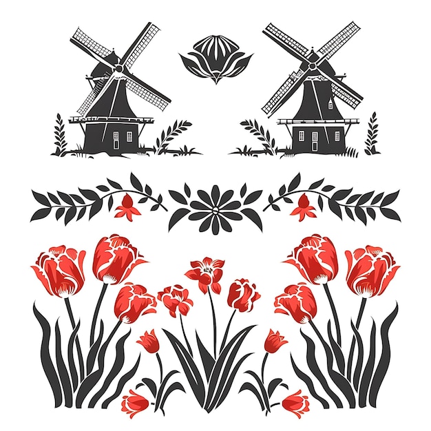 рисунок ветряной мельницы и цветов с ветерной мельницей на заднем плане