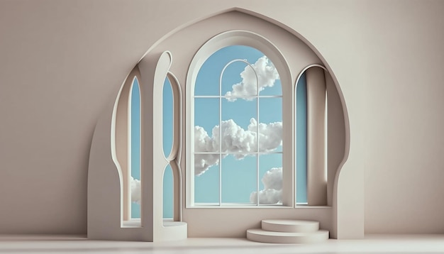 A drawing of a window with a blue sky and clouds in the background Generative Ai