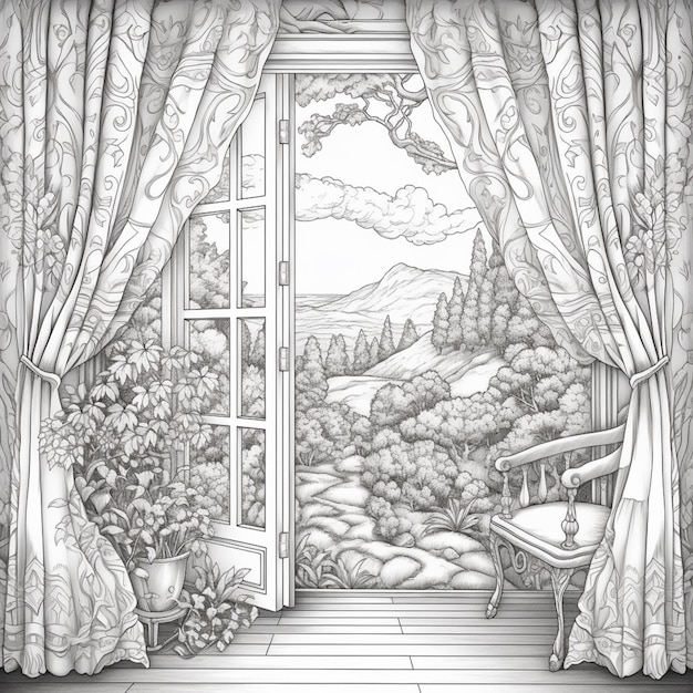 a drawing of a window with a view of a landscape generative ai