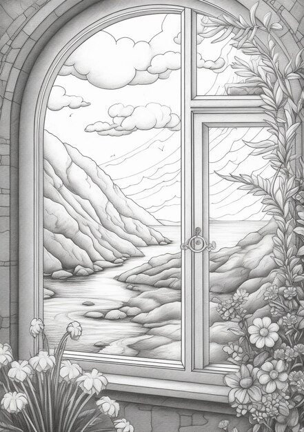 Drawing of a window with a view of a mountain valley generative ai