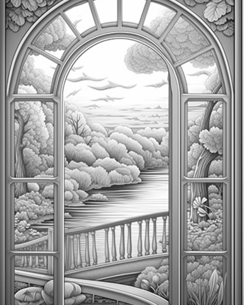 Foto un disegno di una finestra con una vista di un fiume generativo ai