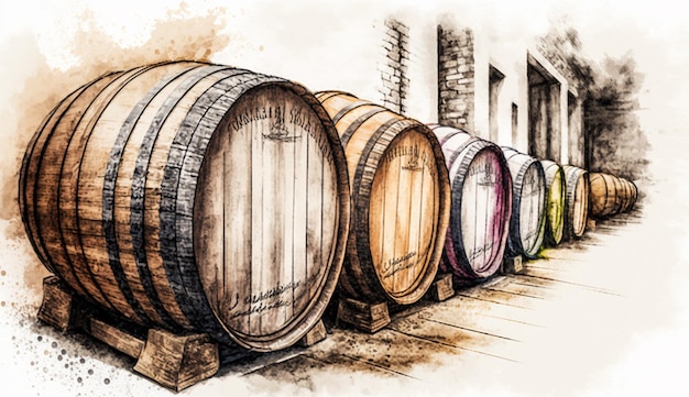 A drawing of wine barrels in a row