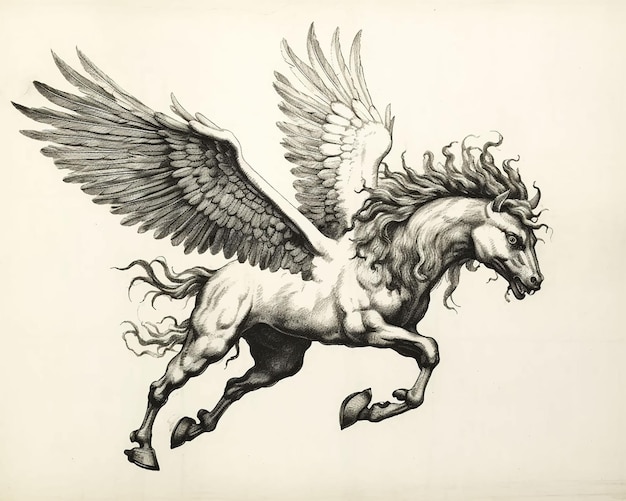 Photo a drawing of a winged horse with wings that says 