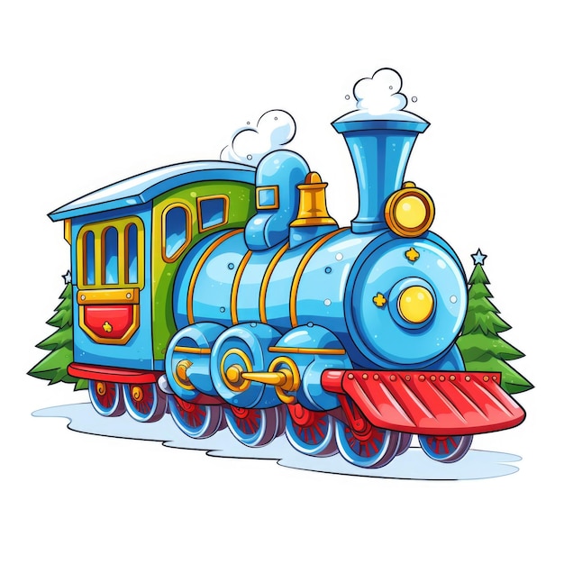 Photo drawing of winter train on white background