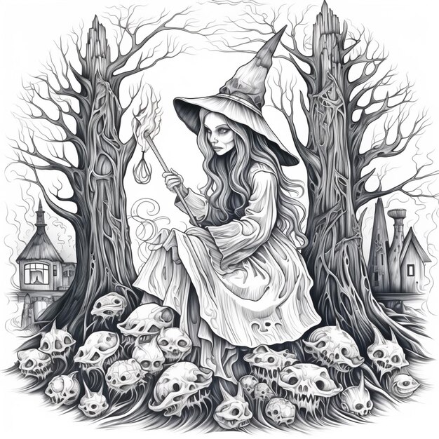 Photo a drawing of a witch sitting in a forest with skulls generative ai