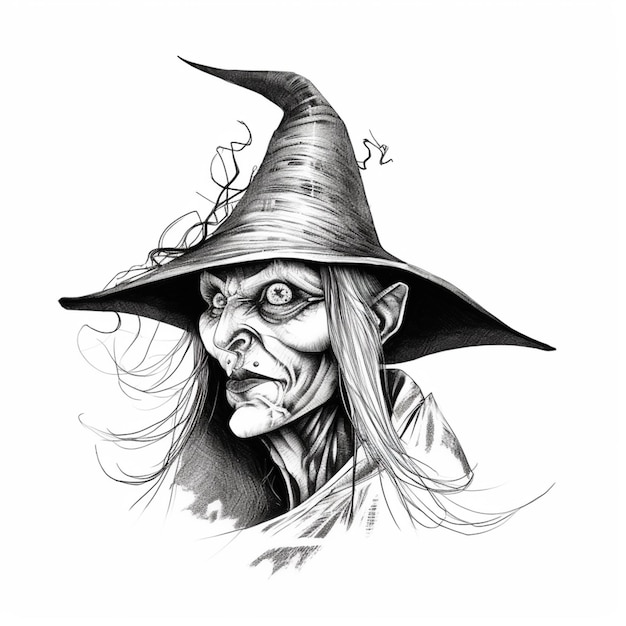 A drawing of a witch with a hat on her head generative ai