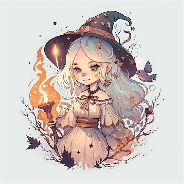 A drawing of a witch with a magic wand.