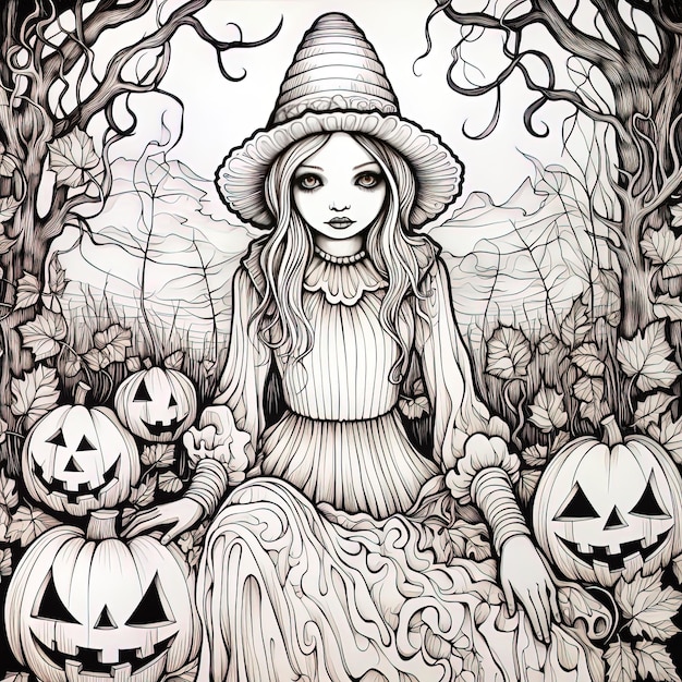 a drawing of a witch with a witch hat and pumpkins.