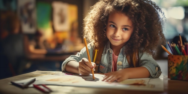 Drawing with colored pencils a young girl at school expresses her creativity Generative Ai