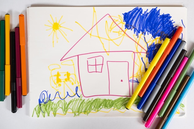 Drawing with felttip pens of a 6yearold child a house with clouds and the sun