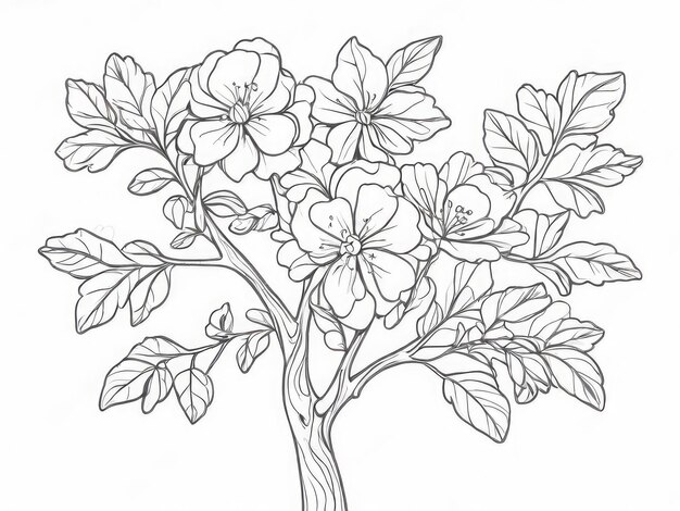 Photo drawing with thin lines of a realistic branch of a flower tree white background