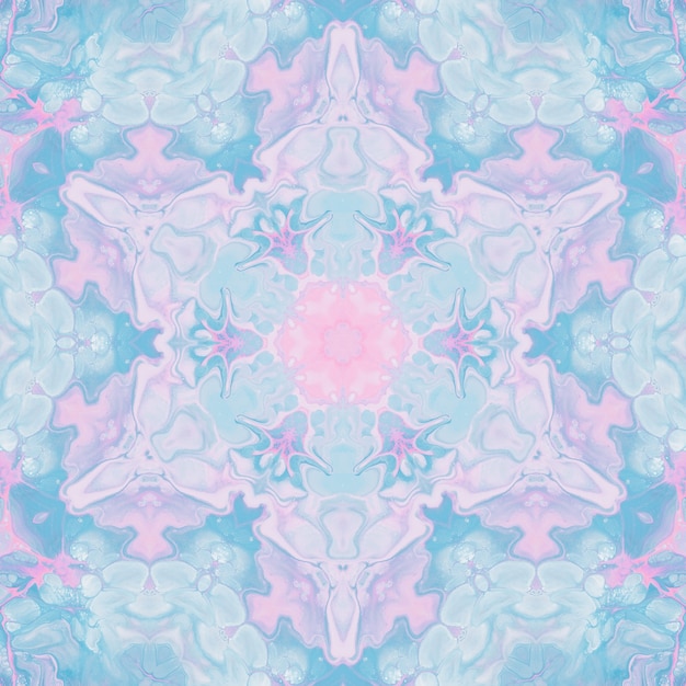 Drawing with watercolors, abstract images for the background. Design element, pastel pink and blue colors. Geometric flowers, kaleidoscope blur