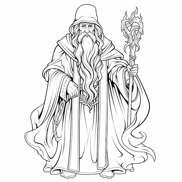 a drawing of a wizard holding a staff and a staff generative ai