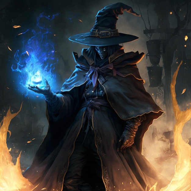 A drawing of a wizard with a blue ball in his hand.