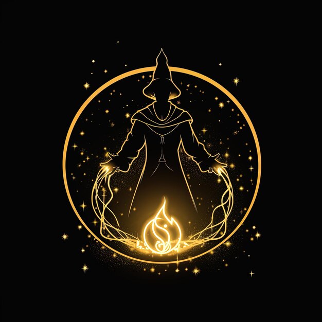 a drawing of a wizard with a fire in the center of it