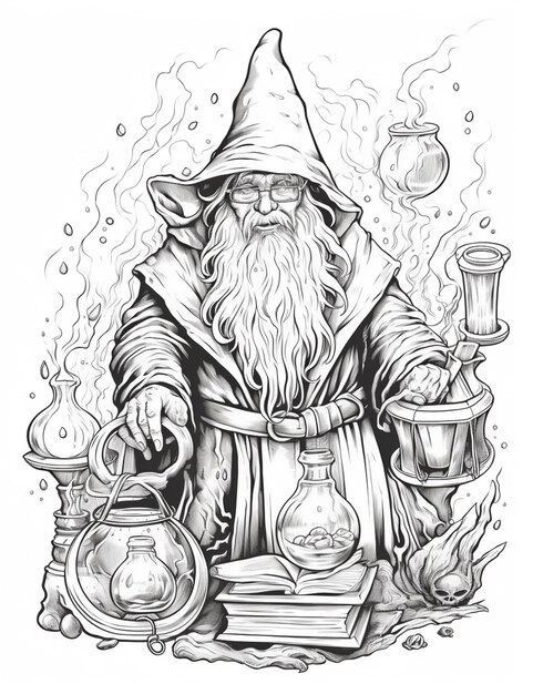 a drawing of a wizard with a long beard and a hat sitting in front of a pot generativ ai