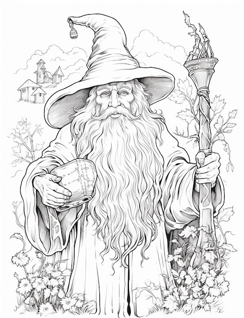 a drawing of a wizard with a staff and a staff generativ ai