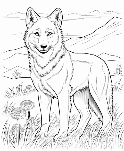 A drawing of a wolf standing in a field with mountains in the background generative ai