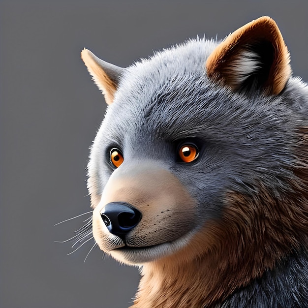 A drawing of a wolf with a brown nose and orange eyes.